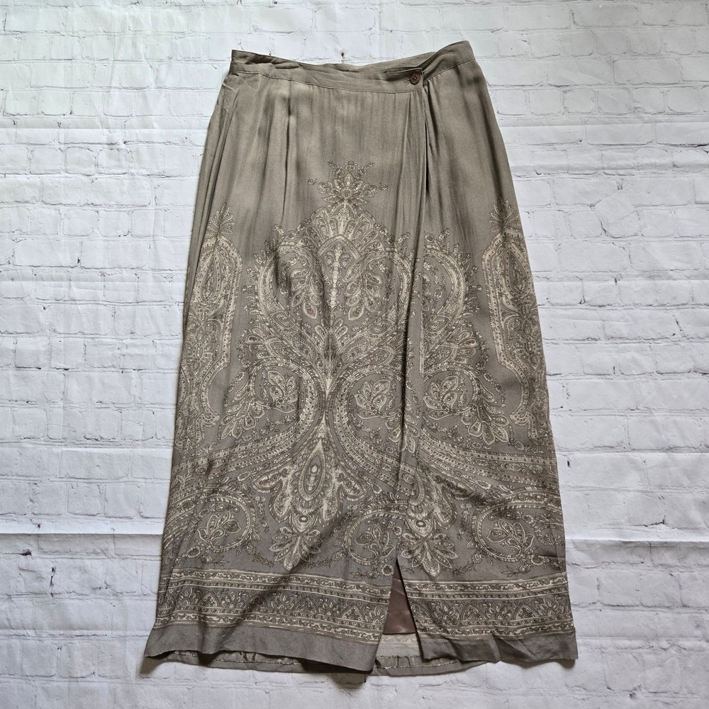 Jones New York Paisley Maxi Skirt Taupe Rayon Faux Wrap Size 12 cottagecore